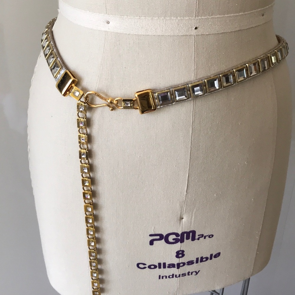 Leather silver belt with gold chain & rhinestones